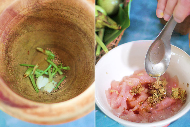 Pound some of the spices before mixing with the chicken.