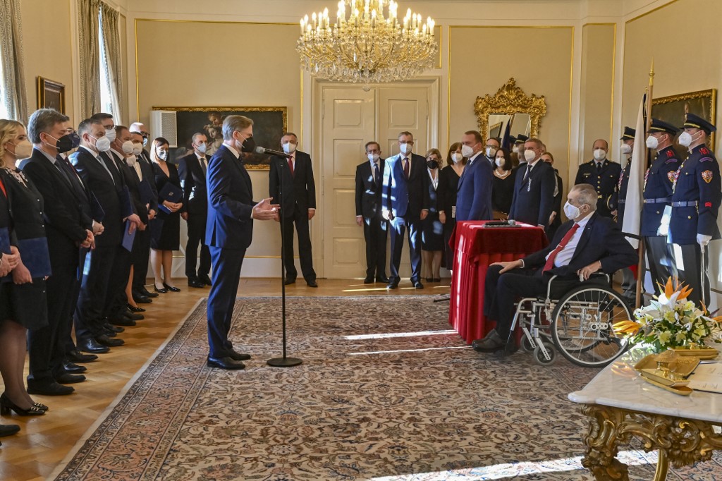 The new Czech Prime Minister Petr Fiala speaks after Czech President Milos Zeman (right) appointed the ministers of new Czech cabinet, on December 17, 2021, at the Lany Chateau, Czech Republic. u00e2u20acu201d AFP pic