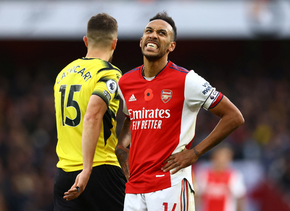 Arsenalu00e2u20acu2122s Pierre-Emerick Aubameyang reacts after scoring a disallowed goal during match against Watford at Emirates Stadium, London, November 7, 2021. u00e2u20acu201d Reuters picn