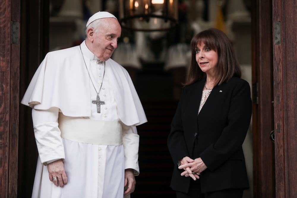 Greek President Katerina Sakellaropoulou welcomes Pope Francis at the Presidential Palace, in Athens, Greece, December 4, 2021. u00e2u20acu201d Reuters pic