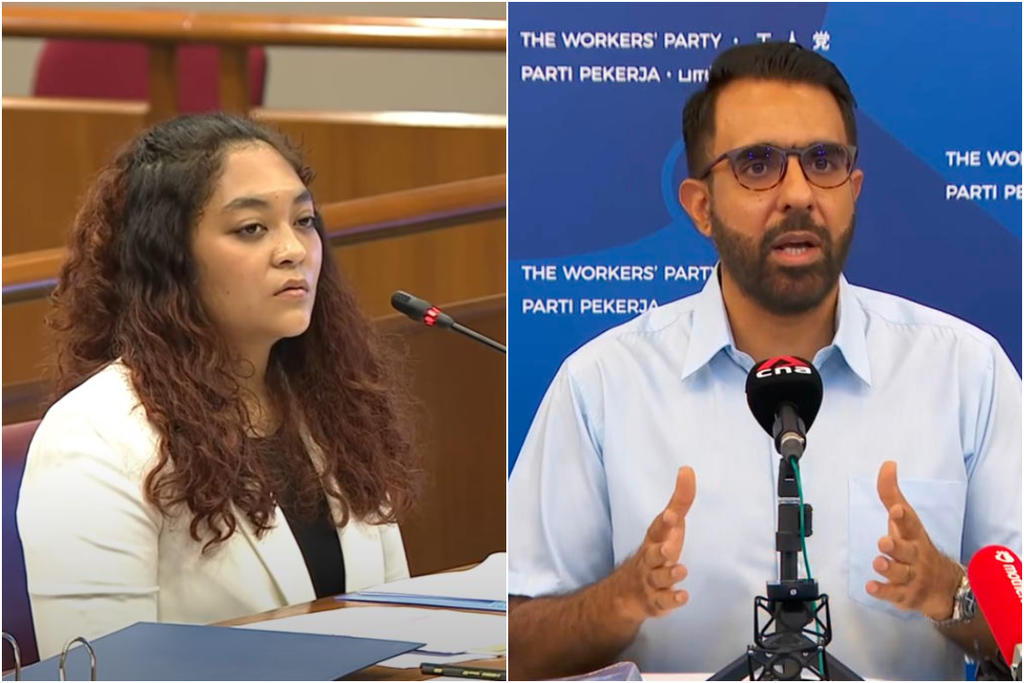 Former Workersu00e2u20acu2122 Party (WP) Member of Parliament Raeesah Khan (left) testifying before Parliamentu00e2u20acu2122s Committee of Privileges on December 2, 2021. WP chief Pritam Singh (right) speaking at a press conference on the same day. u00e2u20acu201d ETX Studio pic