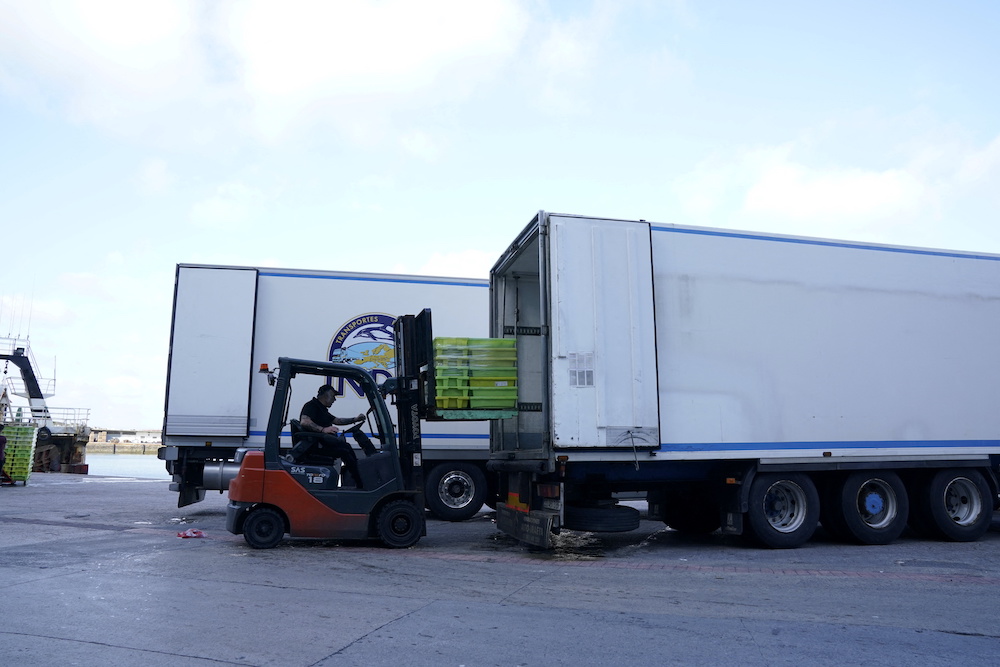 A worker loads fish onto a truck at the Basque port of Ondarroa, amid the global outbreak of the coronavirus disease, Spain, May 17, 2020. u00e2u20acu201d Reutersnn