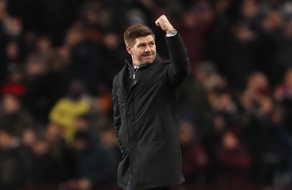Aston Villa head coach Steven Gerrard celebrates on the pitch after the English Premier League match against Leicester City at Villa Park in Birmingham, December 5, 2021. Aston Villa won the match 2-1. u00e2u20acu201d AFP pic 
