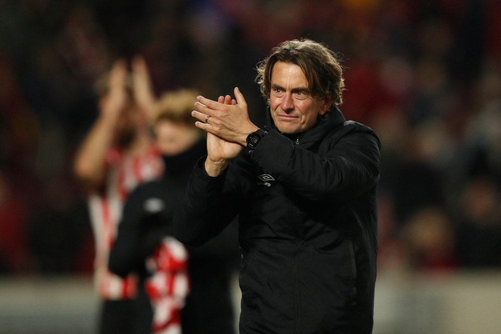 Brentford head coach Thomas Frank applauds supporters after the English Premier League football match against Watford at Brentford Community Stadium in London, December 10, 2021. u00e2u20acu201d AFP pic 