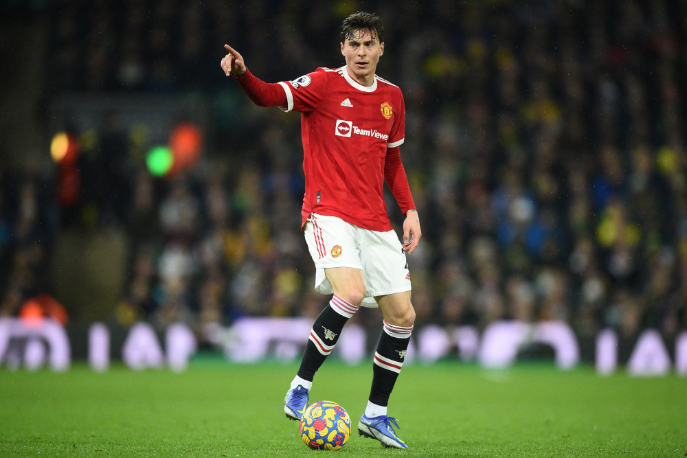 Manchester United defender Victor Lindelof looks to play a pass during the English Premier League football match between Norwich City and Manchester United at Carrow Road Stadium in Norwich, December 11, 2021. u00e2u20acu201d AFP pic 