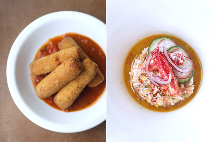 We still crave faraway eats, such as Argentinian 'queso frito' (left) and king crab stack (right).
