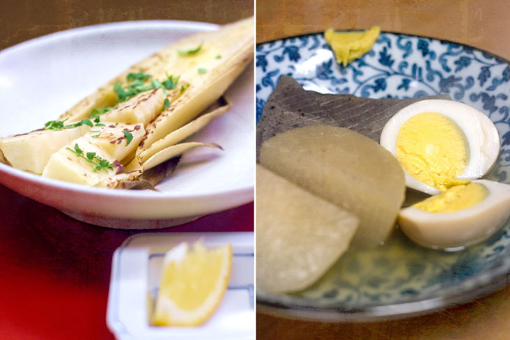 Seasonal foods of Japan, from grilled bamboo shoots in spring (left) to belly-warming 'oden' in winter (right).