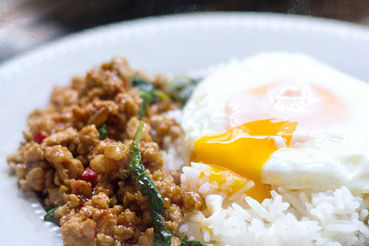 The flavours I miss the most belong to Thailand, such as this 'pad krapao moo sap' (holy basil stir fried minced pork with rice).