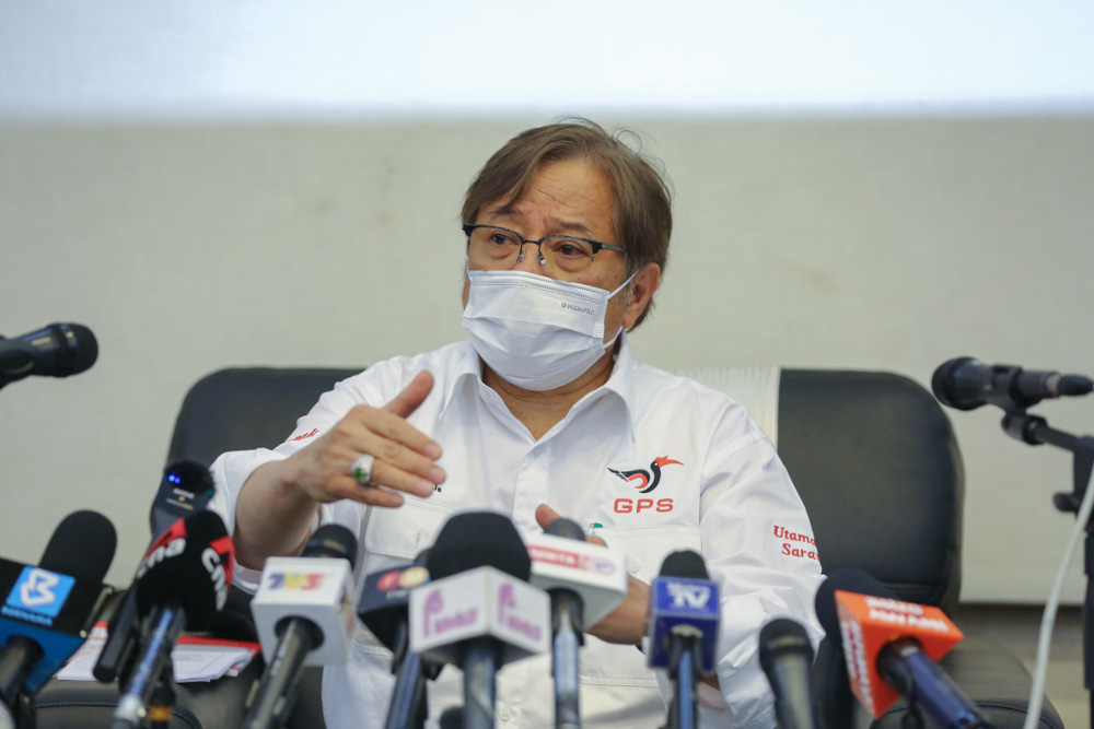 Gabungan Parti Sarawak chairman Tan Sri Abang Johari Openg speaks during a press conference at Borneo Convention Centre in Kuching, December 8, 2021. u00e2u20acu201d Picture by Yusof Mat Isa