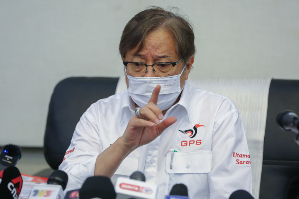 Gabungan Parti Sarawak chairman Tan Sri Abang Johari Openg speaks during a press conference at Borneo Convention Centre in Kuching, December 8, 2021. u00e2u20acu201d Picture by Yusof Mat Isa