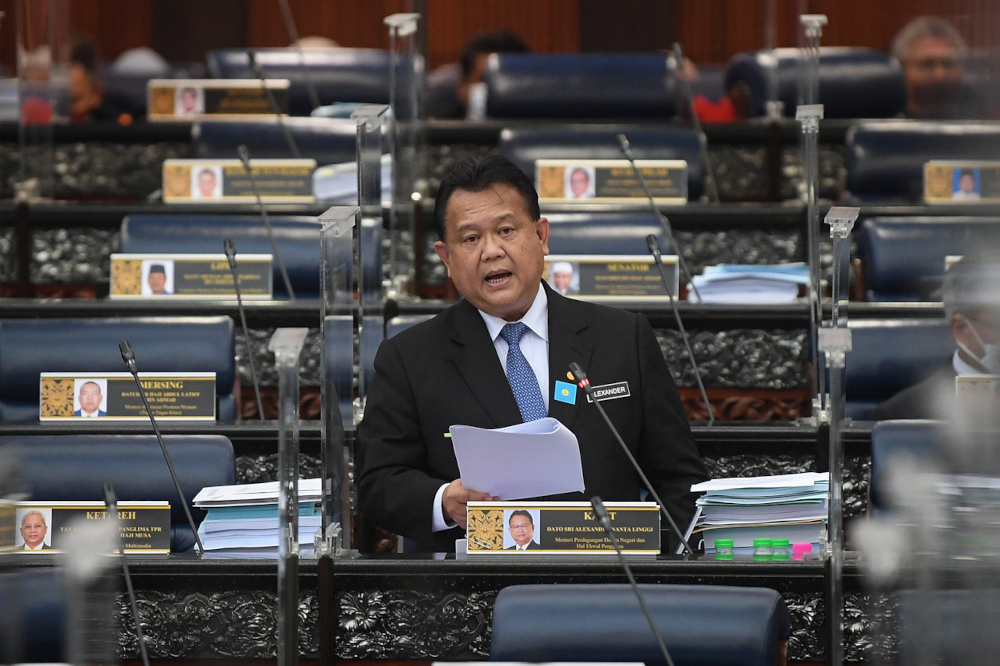 Domestic Trade and Consumer Affairs Minister Datuk Seri Alexander Nanta Linggi at the Dewan Rakyat, December 15, 2021. u00e2u20acu201d Bernama pic 