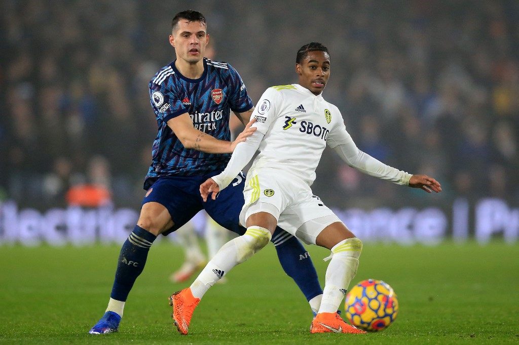 Arsenalu00e2u20acu2122s midfielder Granit Xhaka (left) vies with Leeds Unitedu00e2u20acu2122s midfielder Crysencio Summerville during their Premier League match at Elland Road in Leeds, England on December 18, 2021. u00e2u20acu201d AFP pic
