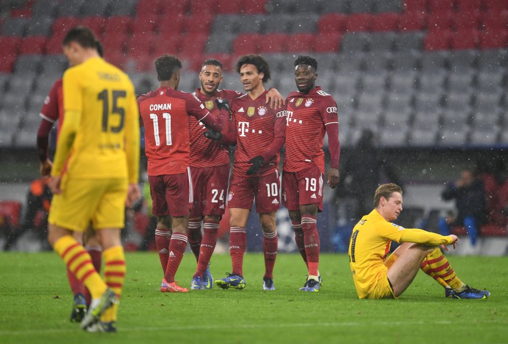 Bayern Munich's Leroy Sane celebrates scoring their second goal against Barcelona with teammates at the Allianz Arena, Munich December 8, 2021. u00e2u20acu201d Reuters pic