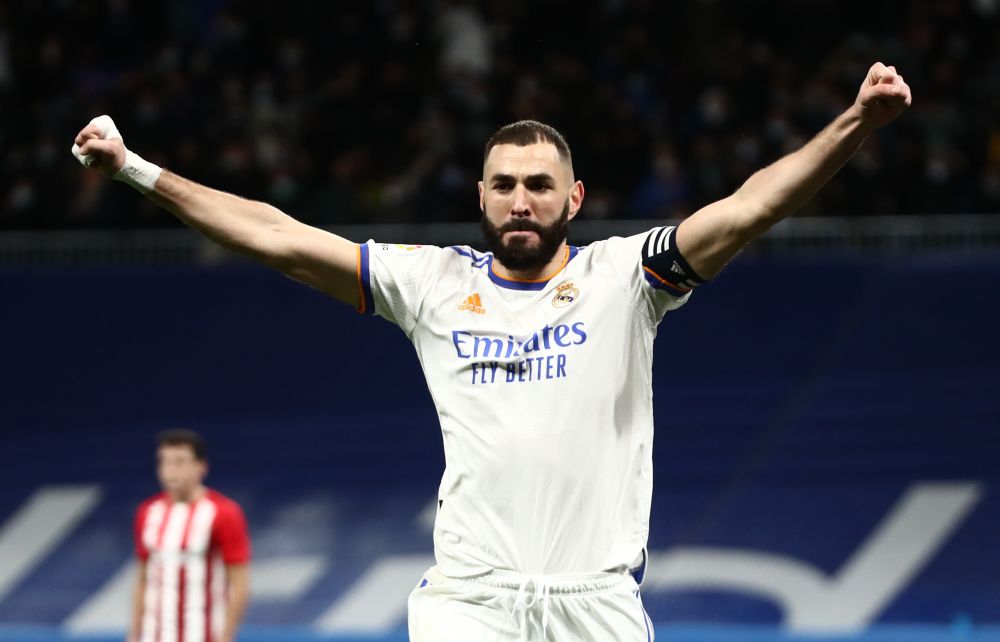 nReal Madrid's Karim Benzema celebrates scoring their first goal against Athletic Bilbao at Santiago Bernabeu, Madrid December 1, 2021. u00e2u20acu201d Reuters picn