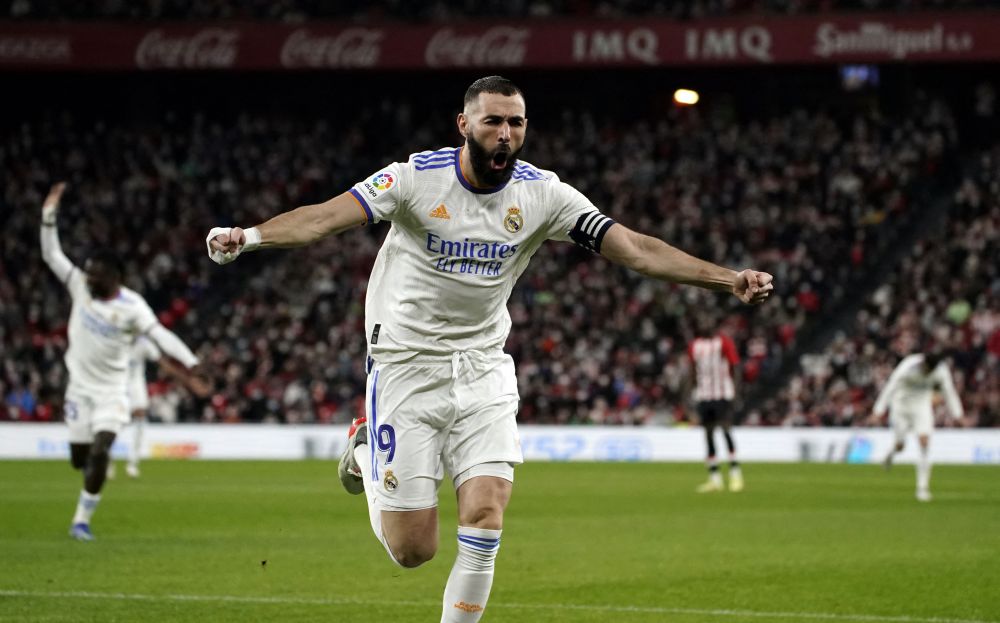 Real Madrid's Karim Benzema celebrates scoring their first goal against Athletic Bilbao at San Mames, Bilbao December 22, 2021. u00e2u20acu201d Reuters picnn