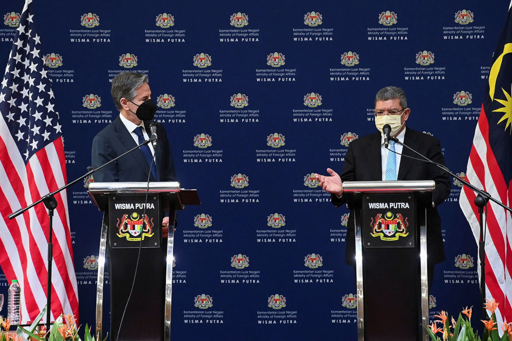 US Secretary of State Antony Blinken and Foreign Minister Datuk Seri Saifuddin Abdullah hold a joint press conference after their meeting in Putrajaya, December 15, 2021. u00e2u20acu201d Malaysian Foreign Ministry handout pic via Reuters 