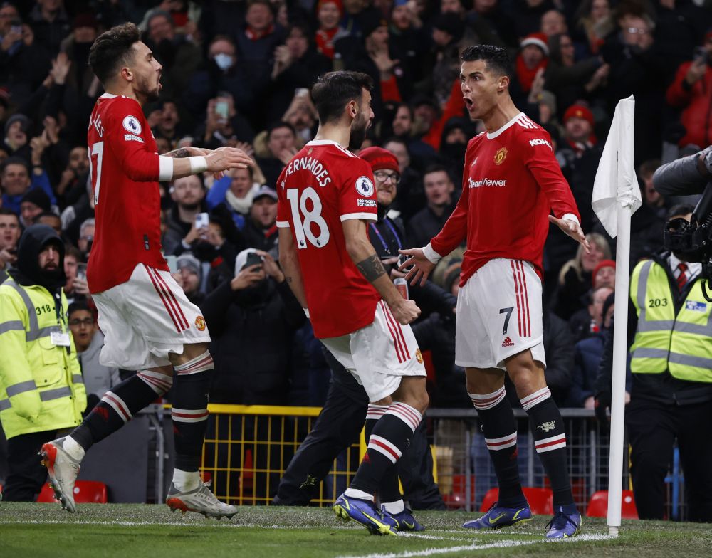 Manchester United's Cristiano Ronaldo celebrates scoring their second goal against Arsenal with Bruno Fernandes at Old Trafford, Manchester December 2, 2021. u00e2u20acu201d Reuters pic
