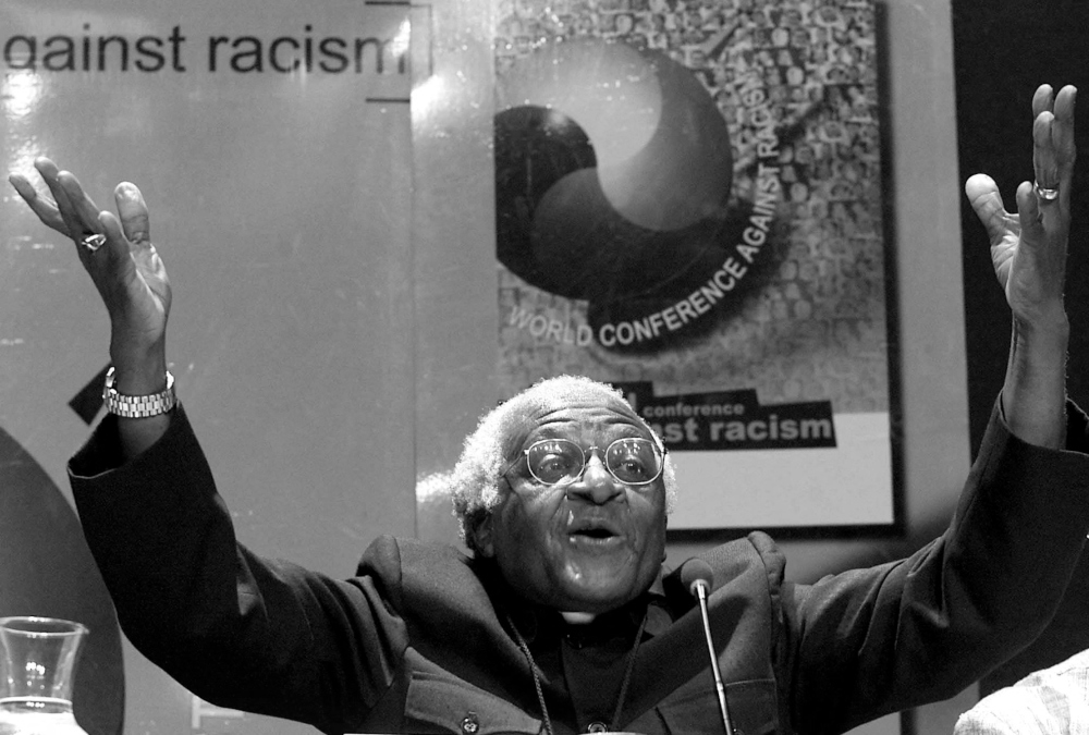 Nobel Peace laureate Archbishop Desmond Tutu gestures as he addresses journalists at the World Conference Against Racism (WCAR), September 5, 2001. u00e2u20acu201d Reuters pic 