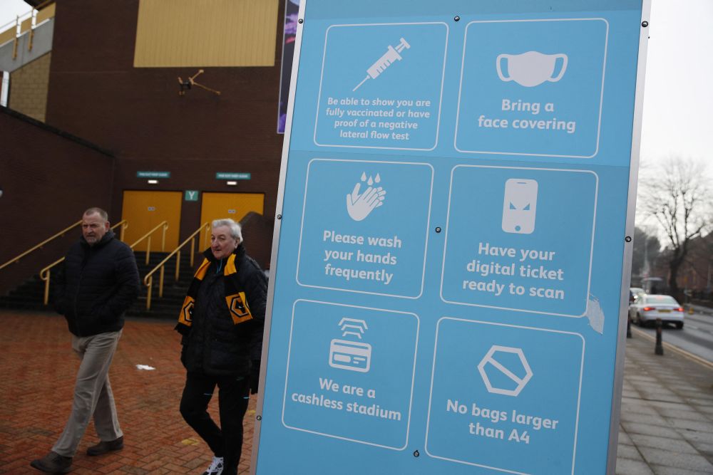 General view of coronavirus disease sign outside the Molineux  Stadium before the match against Chelsea in Wolverhampton December 19, 2021. u00e2u20acu201d Reuters pic