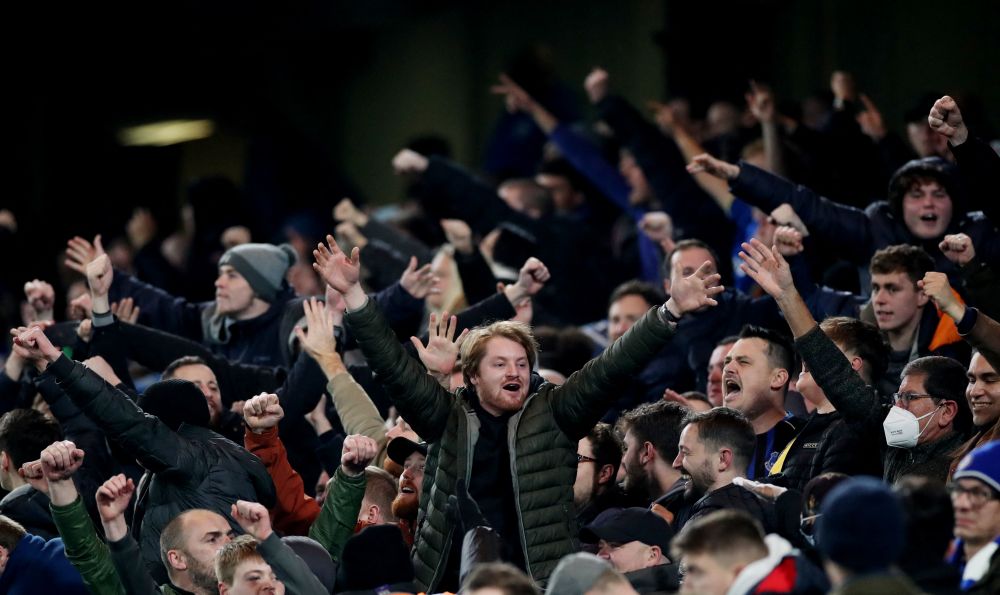 Everton fans celebrate after Jarrad Branthwaite scores their first goal against Chelsea at Stamford Bridge, London December 16, 2021. u00e2u20acu201d Reuters pic 