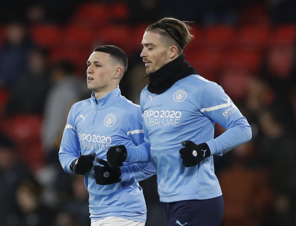 Manchester City's Phil Foden and Jack Grealish during the warm up before the match against Watford at Vicarage Road, Watford, December 4 2021. u00e2u20acu201d Reuters pic
