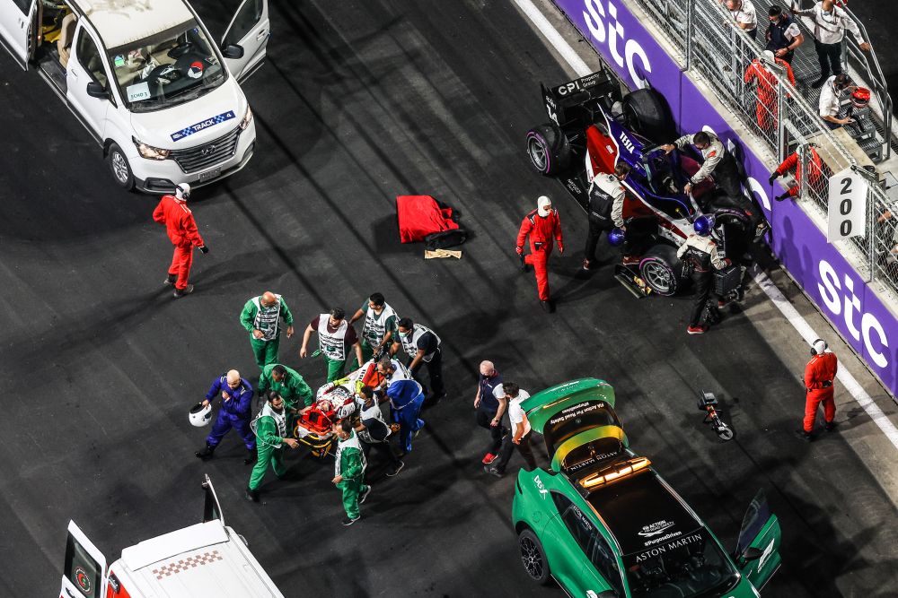 Emergency and medical crews attend to a Formula 2 driver after a crash at the Jeddah Corniche Circuit December 5, 2021. u00e2u20acu201d Reuters pic