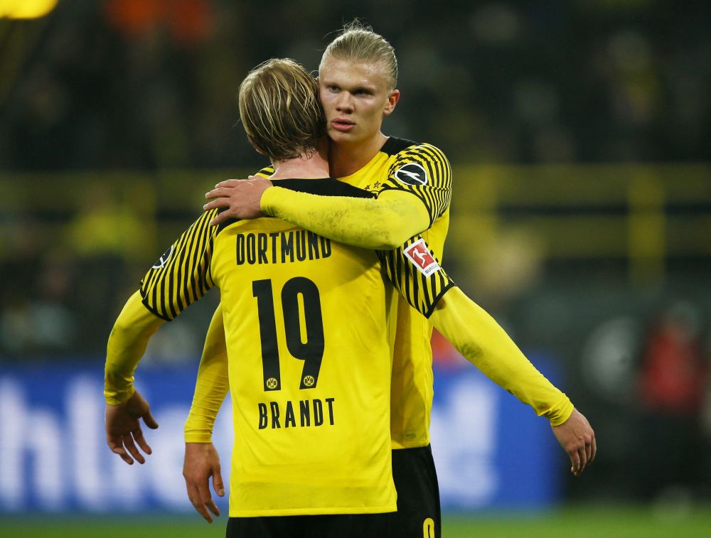 Borussia Dortmund's Erling Braut Haaland celebrates scoring their second goal against Greuther Fuerth with Julian Brandt at Signal Iduna Park, Dortmund December 15, 2021. u00e2u20acu201d Reuters pic
