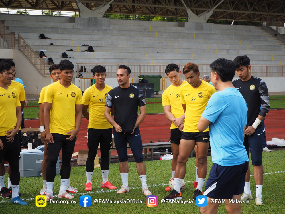 The Harimau Malaya squad listening to coach Tan Cheng Hoe during training in Singapore, December 15, 2021. u00e2u20acu201d Picture from Facebook/Football Association of Malaysia