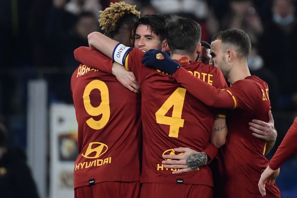 AS Roma's Brazilian defender Roger Ibanez (centre) celebrates after scoring his side's second goal during against Spezia at the Olympic stadium in Rome December 13, 2021. u00e2u20acu201d AFP pic