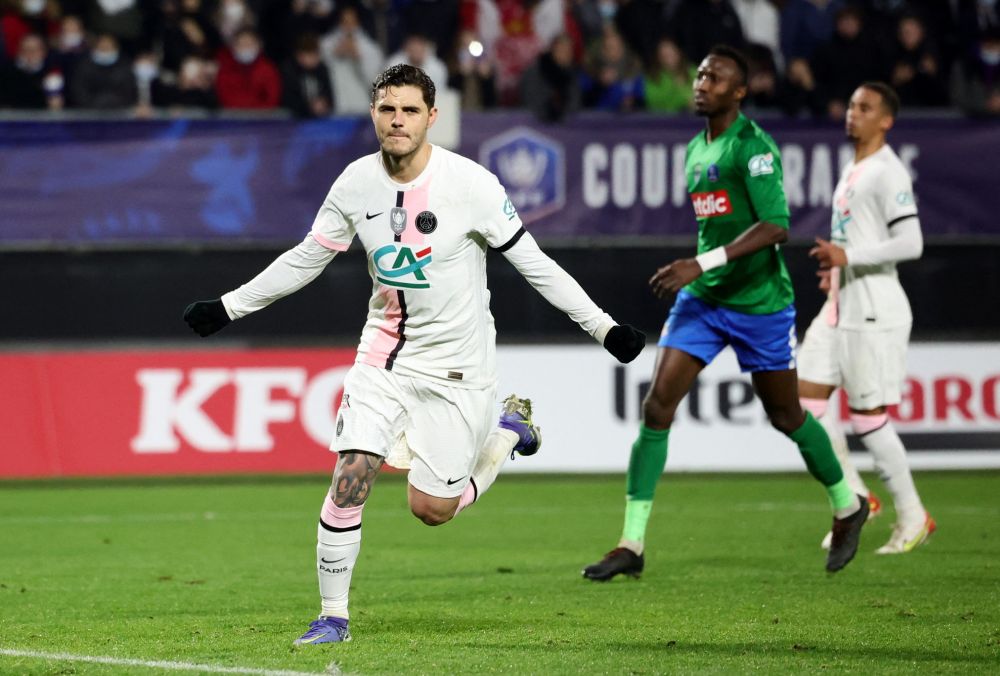 nParis St Germain's Mauro Icardi celebrates scoring their second goal against SC Feignies at Stade du Hainaut, Valenciennes December 19, 2021. u00e2u20acu201d Reuters picn