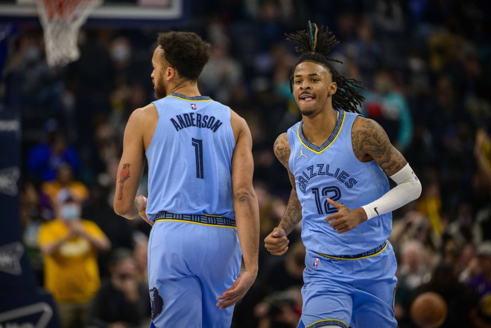 Memphis Grizzlies forward Kyle Anderson (1) and guard Ja Morant (12) celebrate during the first half against the Los Angeles Lakers at the FedExForum, Memphis December 29, 2021. u00e2u20acu201d Reuters pic