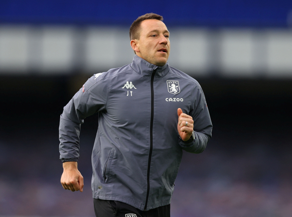 Aston Villa assistant manager John Terry warms up in the match against Everton at Goodison Park, Liverpool, May 1, 2021. u00e2u20acu201d Reuters pic 