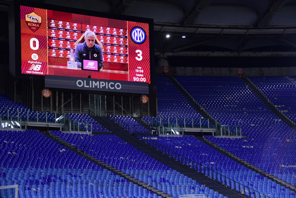 AS Roma coach Jose Mourinho displayed on the big screen being interviewed after the match against Inter Milan at Allianz Stadium in Rome, December 4, 2021. u00e2u20acu201d Reuters pic 
