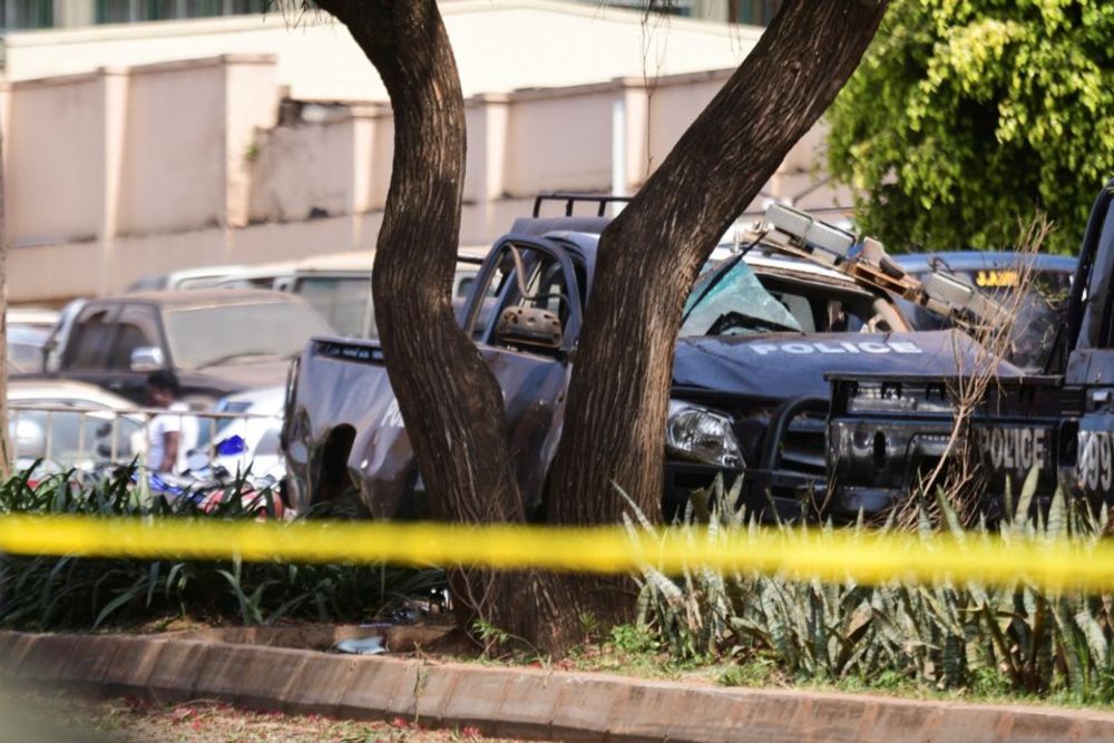 A general view shows wreckages of police vehicles at the scene of a blast in Kampala, Uganda November 16, 2021. u00e2u20acu201d Reuters pic