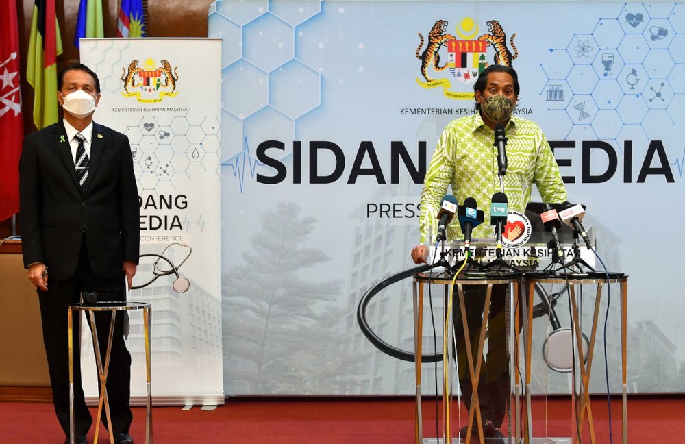 Health Minister Khairy Jamaluddin speaks during a press conference on the Omicron variant at the Health Ministry in Putrajaya, December 1, 2021. Also present was Health director-general Tan Sri Dr Noor Hisham Abdullah. u00e2u20acu201d Bernama pic 