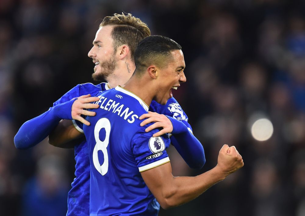 Leicester Cityu00e2u20acu2122s Youri Tielemans celebrates scoring their third goal with James Maddison at the King Power Stadium, Leicester December 12, 2021. u00e2u20acu201d Reuters pic