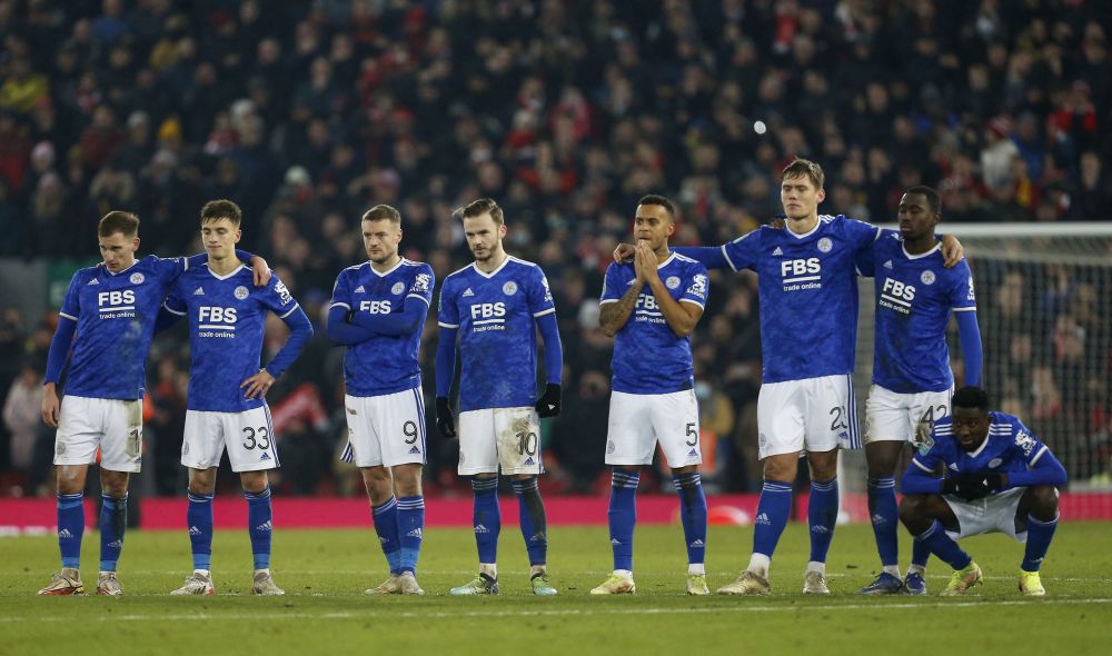 nLeicester City players during the penalty shoot-out against Liverpool in the League Cup at Anfield, Liverpool December 22, 2021. u00e2u20acu201d Reuters picn