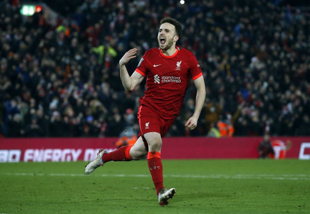 Liverpool's Diogo Jota celebrates scoring a penalty in the penalty shoot-out and winning the match against Leicester City in the League Cup quarter final at Anfield, Liverpool December 22, 2021. u00e2u20acu201d Reuters pic