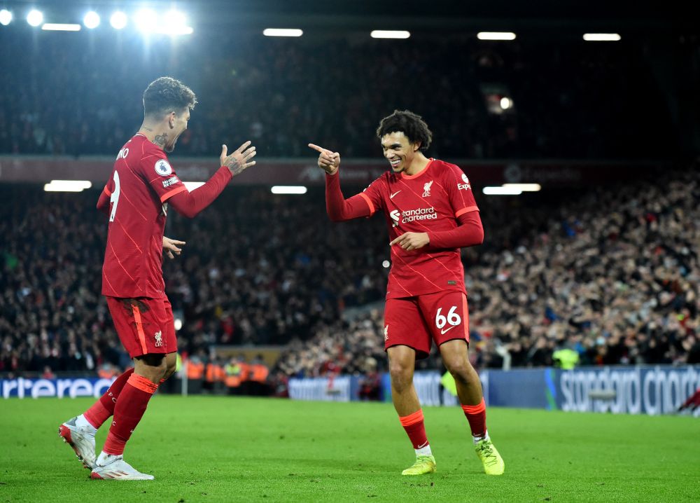 Liverpool's Trent Alexander-Arnold celebrates scoring their third goal against Newcastle United with Roberto Firmino at Anfield, Liverpool December 16, 2021. u00e2u20acu201d Reuters pic