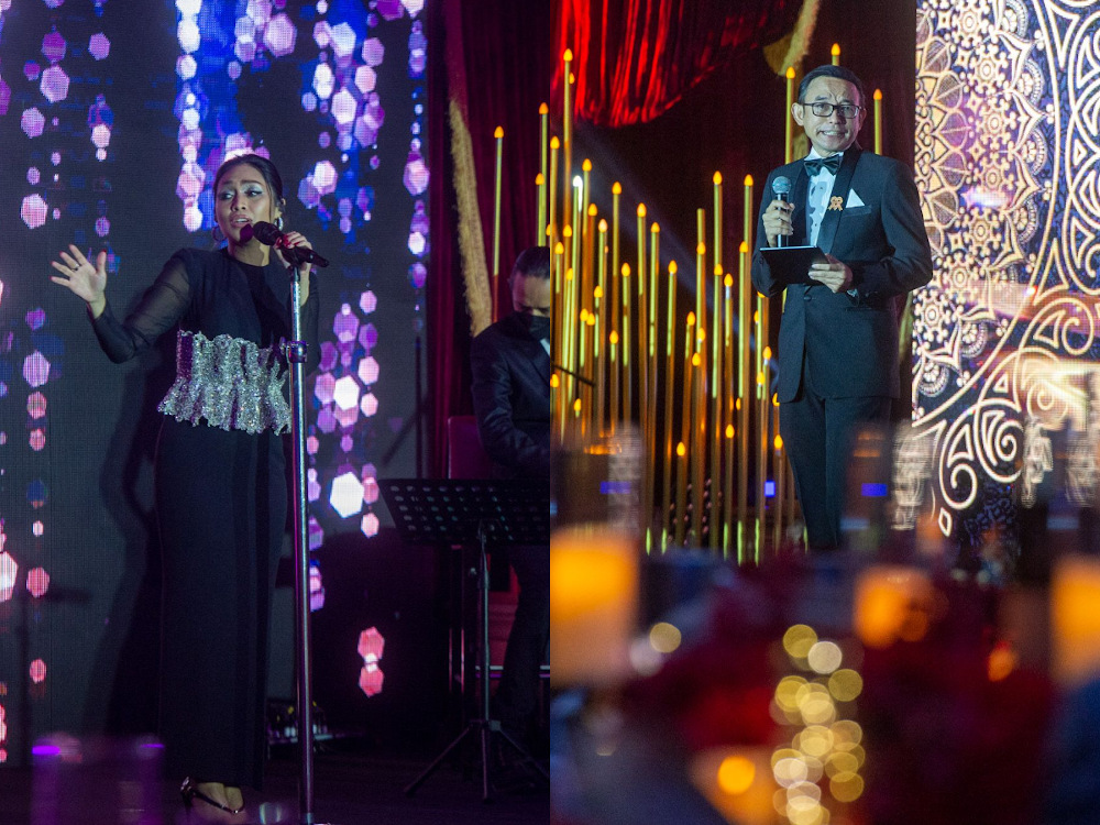 MAF Red Ribbon Celebrity Supporters, Dayang Nurfaizah (Left) and Kamarul Bahrin Haron (right) during their performances at the Red Ribbon Gala and Sunway-MAF Tun Dr Siti Hasmah Award 2021. — Picture by Shafwan Zaidon  