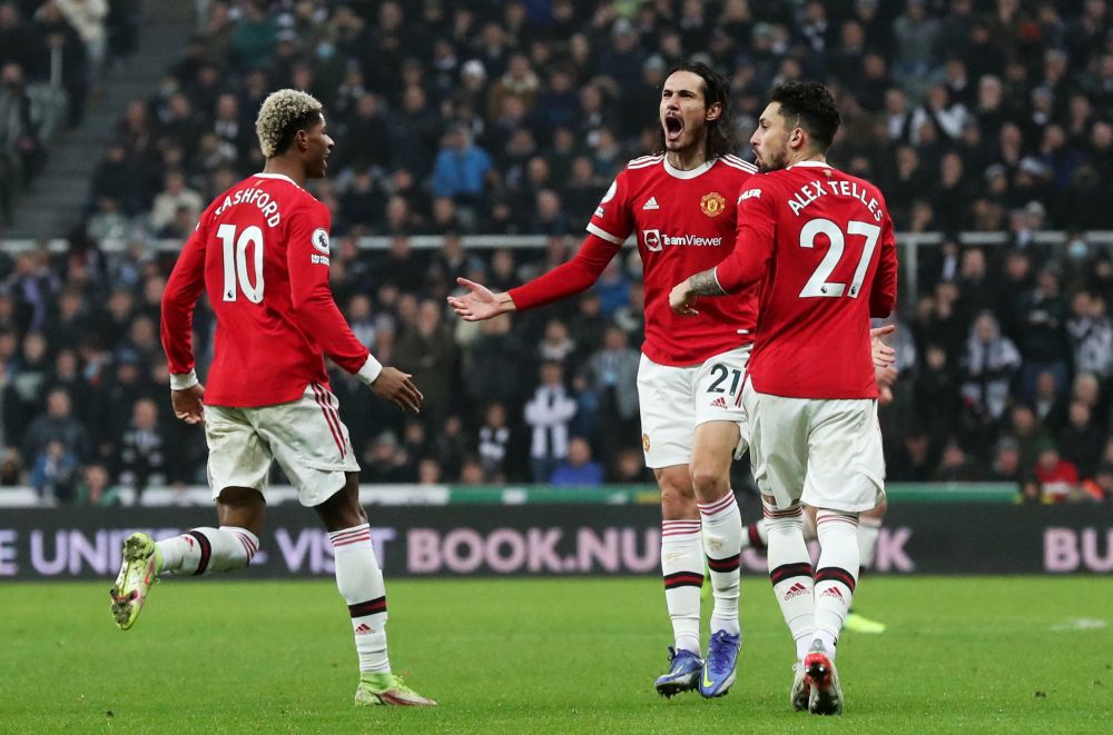 Manchester United's Edinson Cavani celebrates scoring their first goal against Newcastle United with Alex Telles and Marcus Rashford at St Jamesu00e2u20acu2122 Park, Newcastle December 27, 2021. u00e2u20acu201d Reuters pic