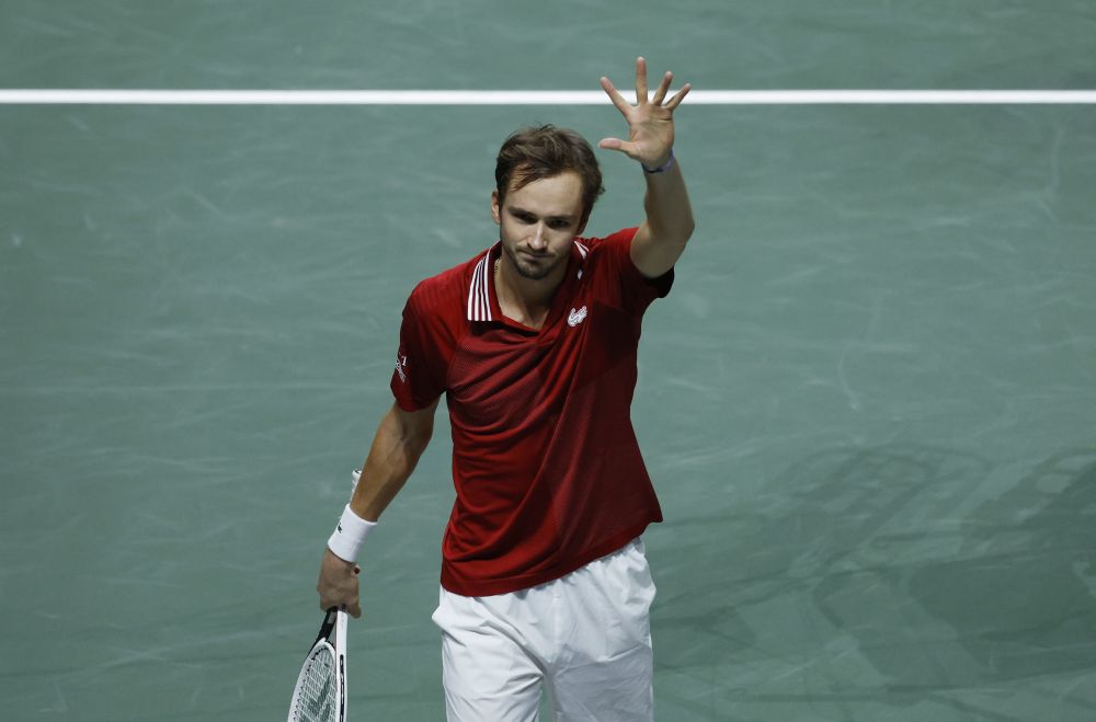 Russian Tennis Federation's Daniil Medvedev celebrates winning his match against Sweden's Mikael Ymer at the Madrid Arena December 2, 2021. u00e2u20acu201d Reuters picnn