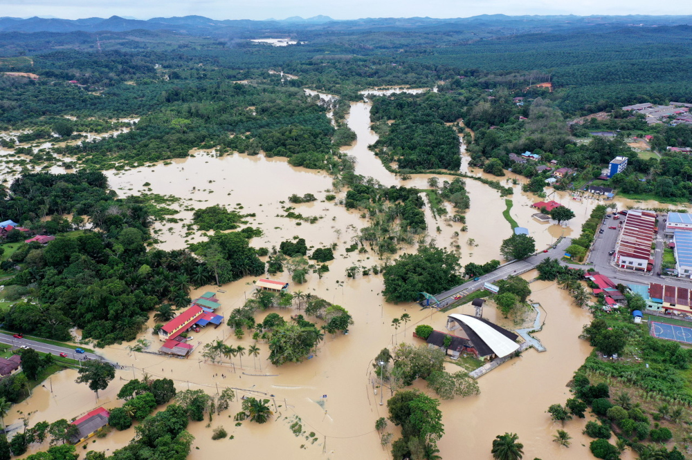 An aerial view of the floods in Lubok Chinahari in Melaka, December 19, 2021. u00e2u20acu201d Bernama pic 