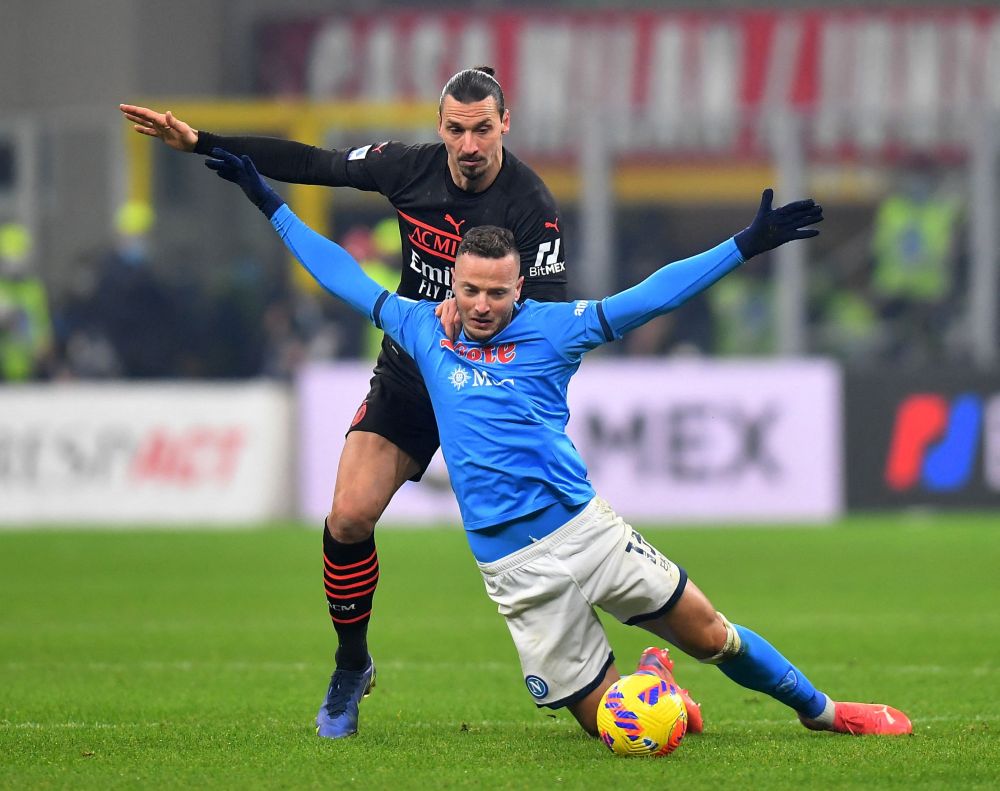 AC Milan's Zlatan Ibrahimovic in action with Napoli's Amir at San Siro, Milan December 19, 2021. u00e2u20acu201d Reuters picnn