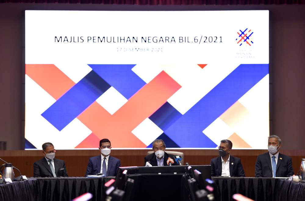 National Recovery Council chairman Tan Sri Muhyiddin Yassin speaks at a media conference after chairing the MPN meeting in Kuala Lumpur, December 17, 2021. u00e2u20acu201d Bernama pic 
