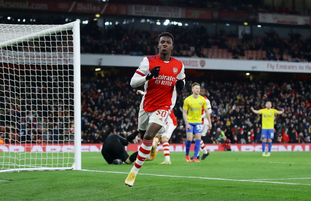 Arsenal's Eddie Nketiah celebrates scoring their third goal against Sunderland at the Emirates Stadium, London December 21, 2021. u00e2u20acu201d Reuters pic