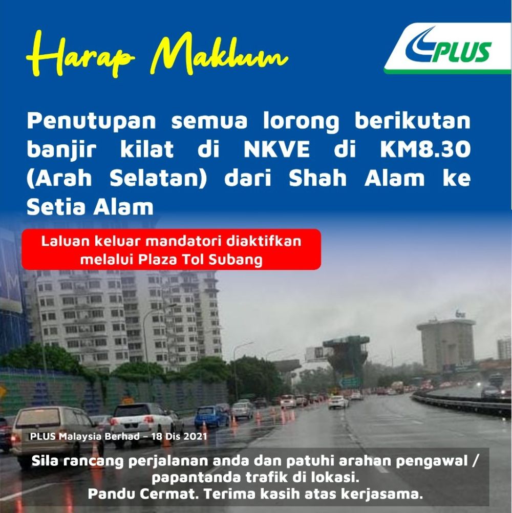 PLUS advises highway customers who are cut off between Setia Alam to Shah Alam and Subang towards Shah Alam/Elite to make an emergency U-turn via temporary access provided by PLUS. u00e2u20acu2022 Picture via Twitter nn