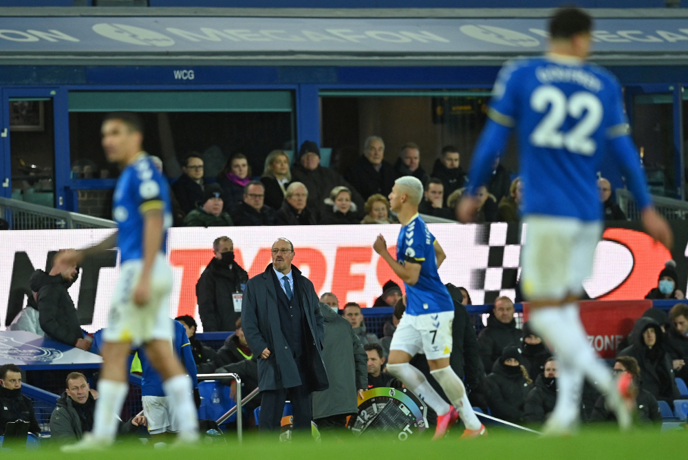 Everton manager Rafael Benitez reacts during the English Premier League football match between Everton and Liverpool at Goodison Park in Liverpool, December 1, 2021. u00e2u20acu201d AFP pic 