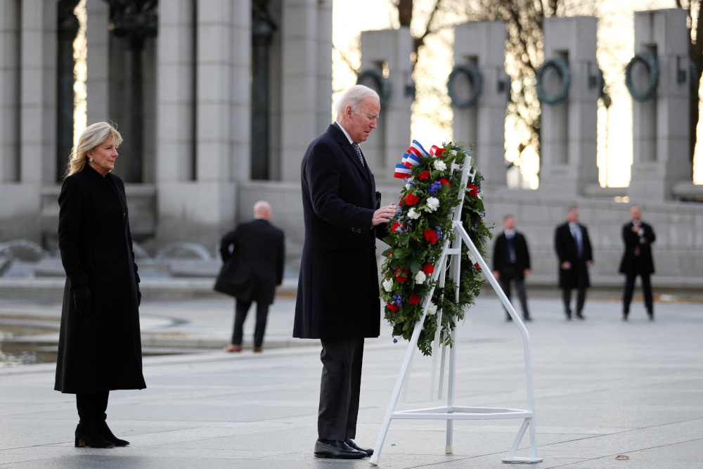 US President Joe Biden and First Lady Jill Biden visit the World War Two Memorial Site on the 80th anniversary of the attacks on Pearl Harbour, Hawaii, at the National Mall in Washington December 7, 2021. u00e2u20acu201d Reuters pic