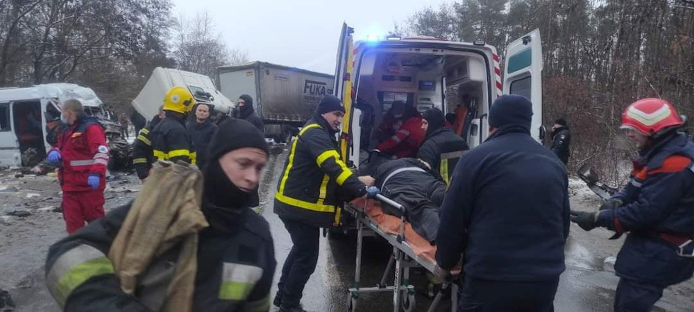 Rescuers transport a person on a stretcher into an ambulance following a road accident near the village of Brusyliv in the Chernihiv region December 7, 2021. u00e2u20acu201d State Emergency Service of Ukraine handout pic via Reuters